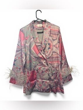Oceanus Pink & Gray Patterned Feather-Cuff Swimwear Blazer Size Small